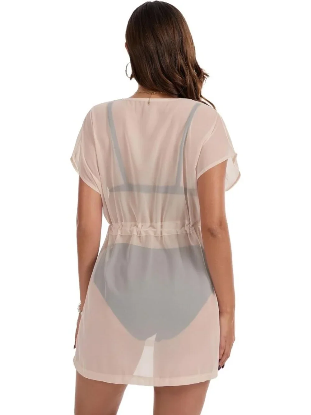 Womens Beige Polyester Coverup Beach Swimsuit Coverup Swimwear Dress V Neck